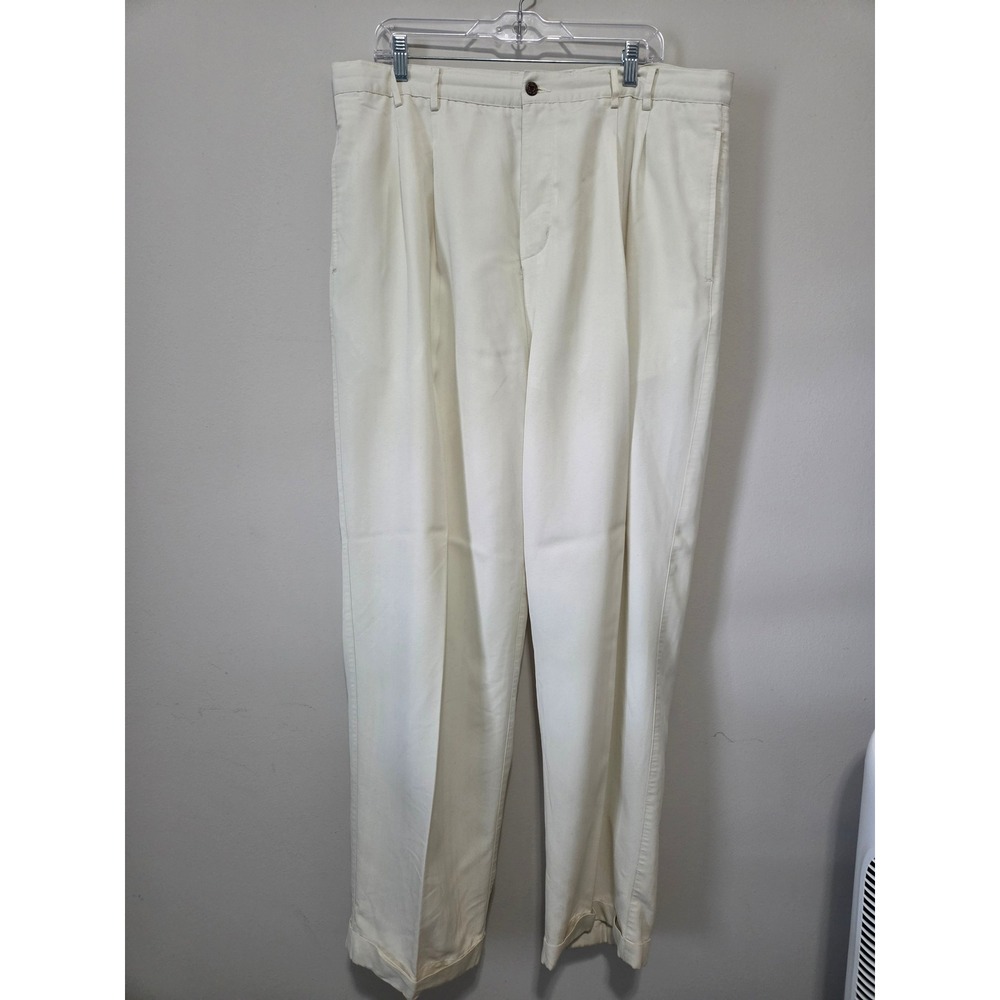 Caribbean Joe Mens 40x32 Pleated Herringbone Trousers Cream Rayon Blend Cuffed